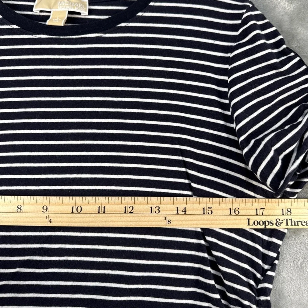 Michael Kors Top Womens L Ruched Navy White Striped Shoulder Zipper EUC